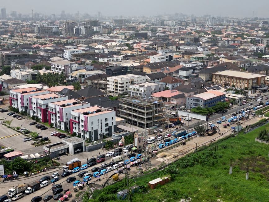Vibrant Lagos cityscape showcasing dense urban development and traffic.