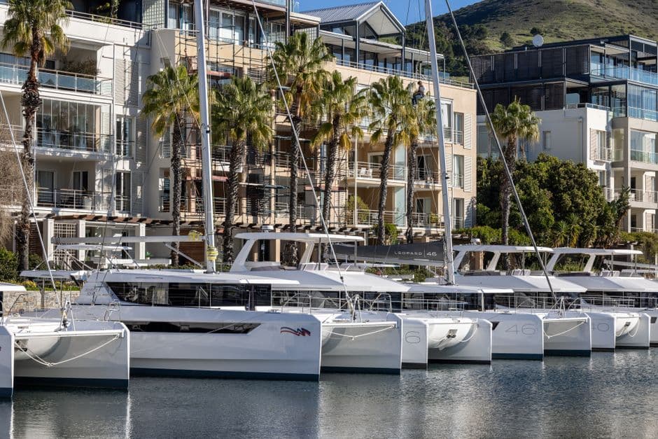 A serene marina view with luxury yachts docked under clear blue skies and palm trees swaying in the breeze.
